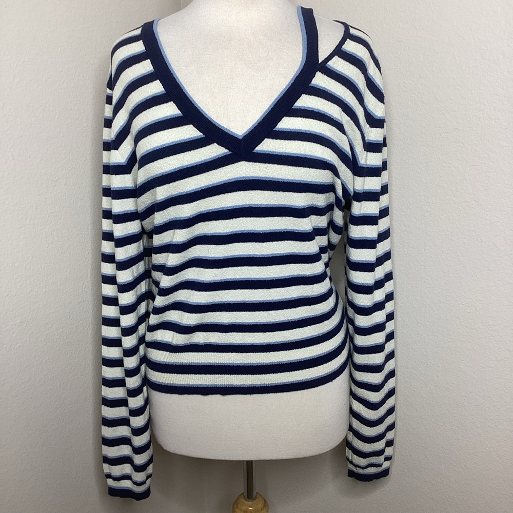 Veronica Beard Split Neck Striped Pullover Top Med - image 1